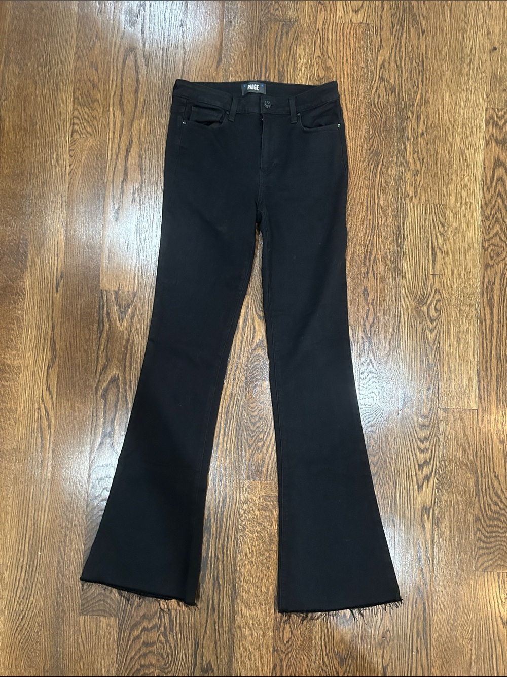 PAIGE High Rise Lou Lou Black Flare Jeans with Raw Hem in 27 Long